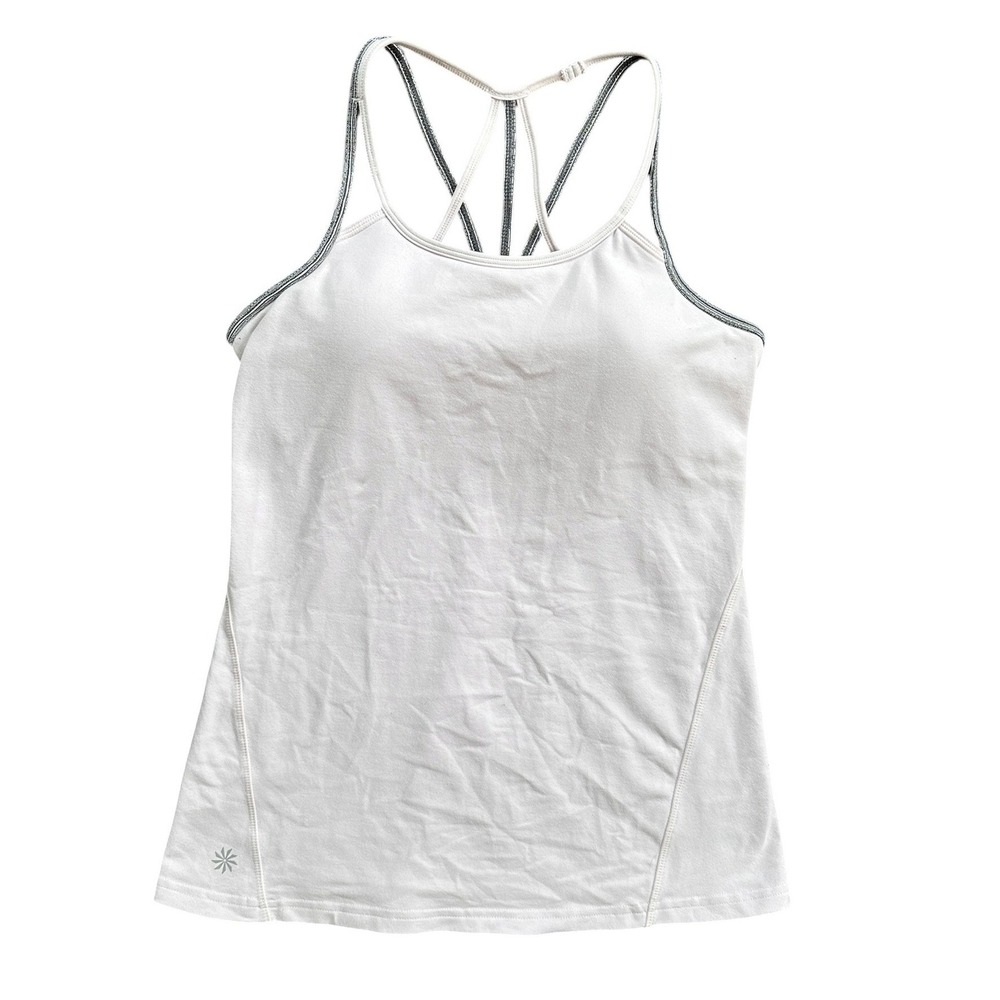Athleta Strappy Racerback‎ Tank Top Womens M White Pink Tint Built-in Bra Good